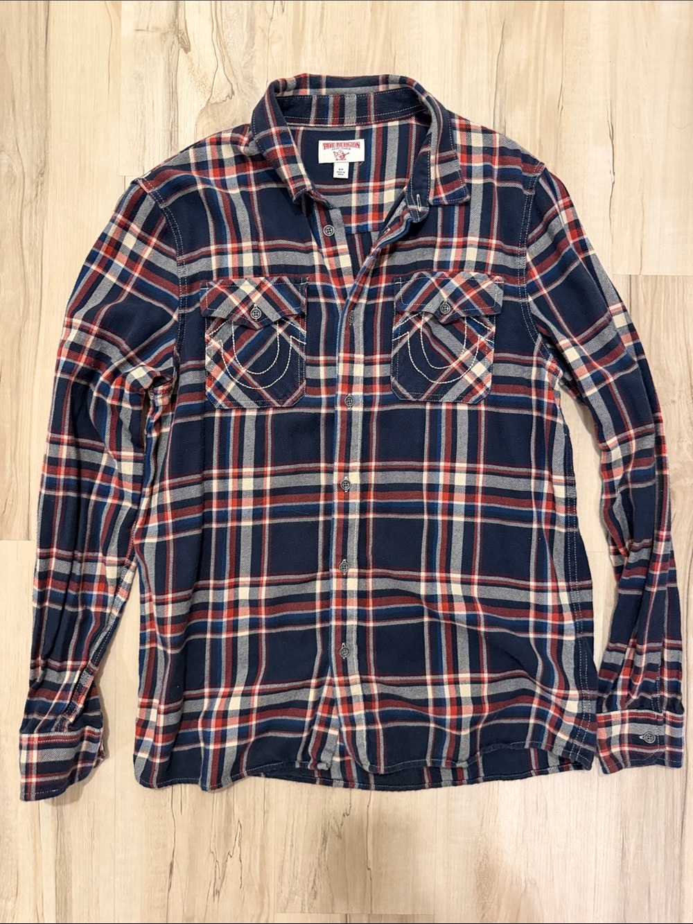 True Religion Navy Plaid Button-Down Shirt with Red and Cream Stripes